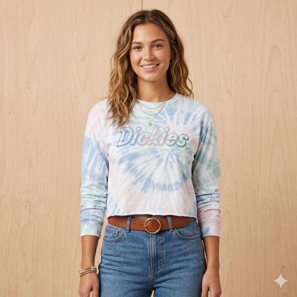 Dickies Pastel Tie Dye Crop Top Long Sleeve Shirt XL Cotton Spiral Graphic Tee